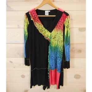 Parsley & Sage Women's XL Tunic Top Artsy Colorful Patchwork V-neck Long Sleeve